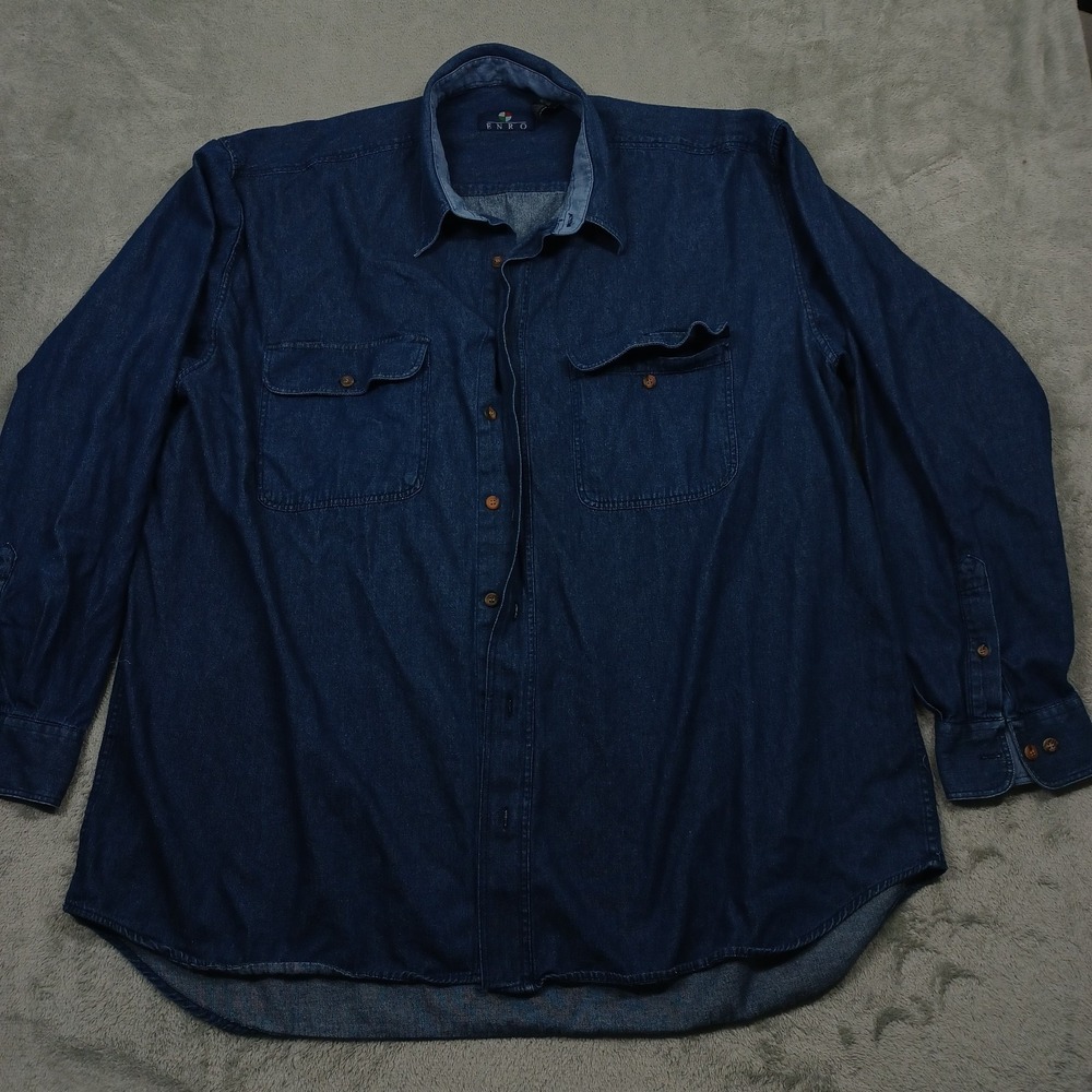 Vintage Enro Shirt Mens 2XLT‎ Blue Denim Pockets PReppy Button Up Casual